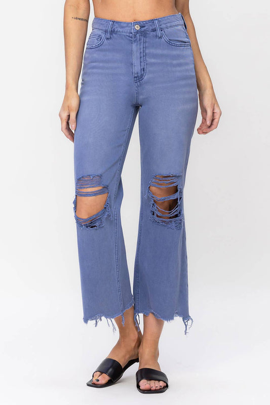 90'S VINTAGE SUPER HIGH RISE CROP FLARE JEANS: INDIGO
