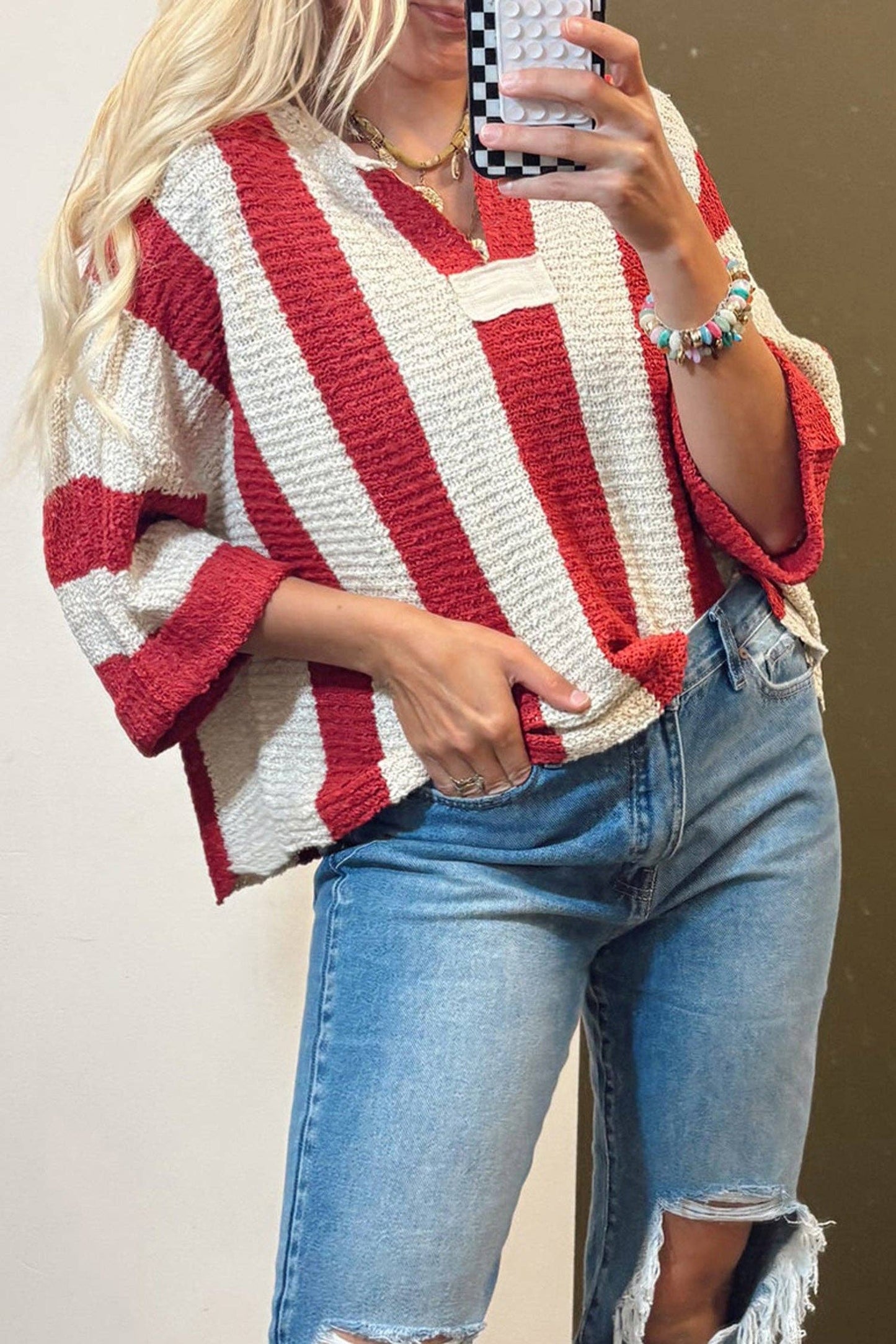 Red Stripe Colorblock V Neck Bracelet Sleeve Sweater: Red Stripe