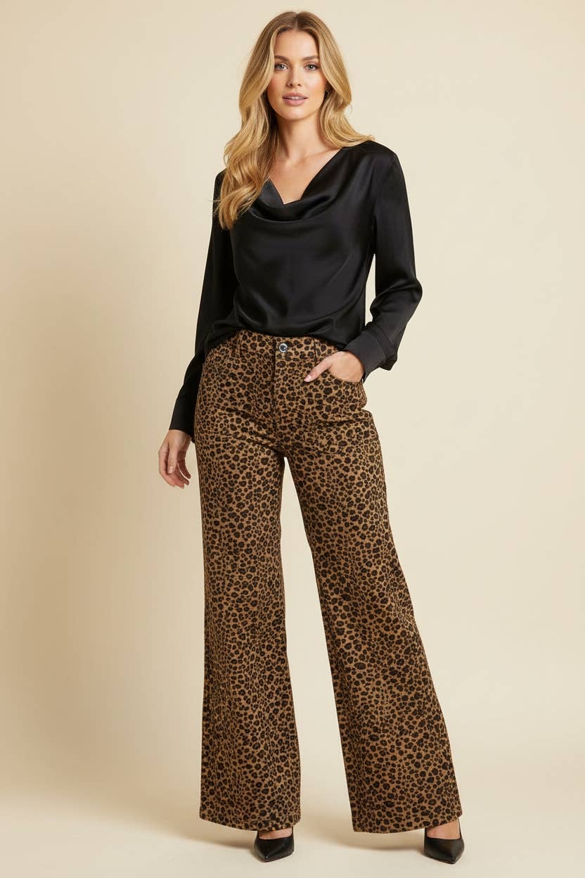 High-Rise Wide-Leg Leopard Print Trousers: MOCHA
