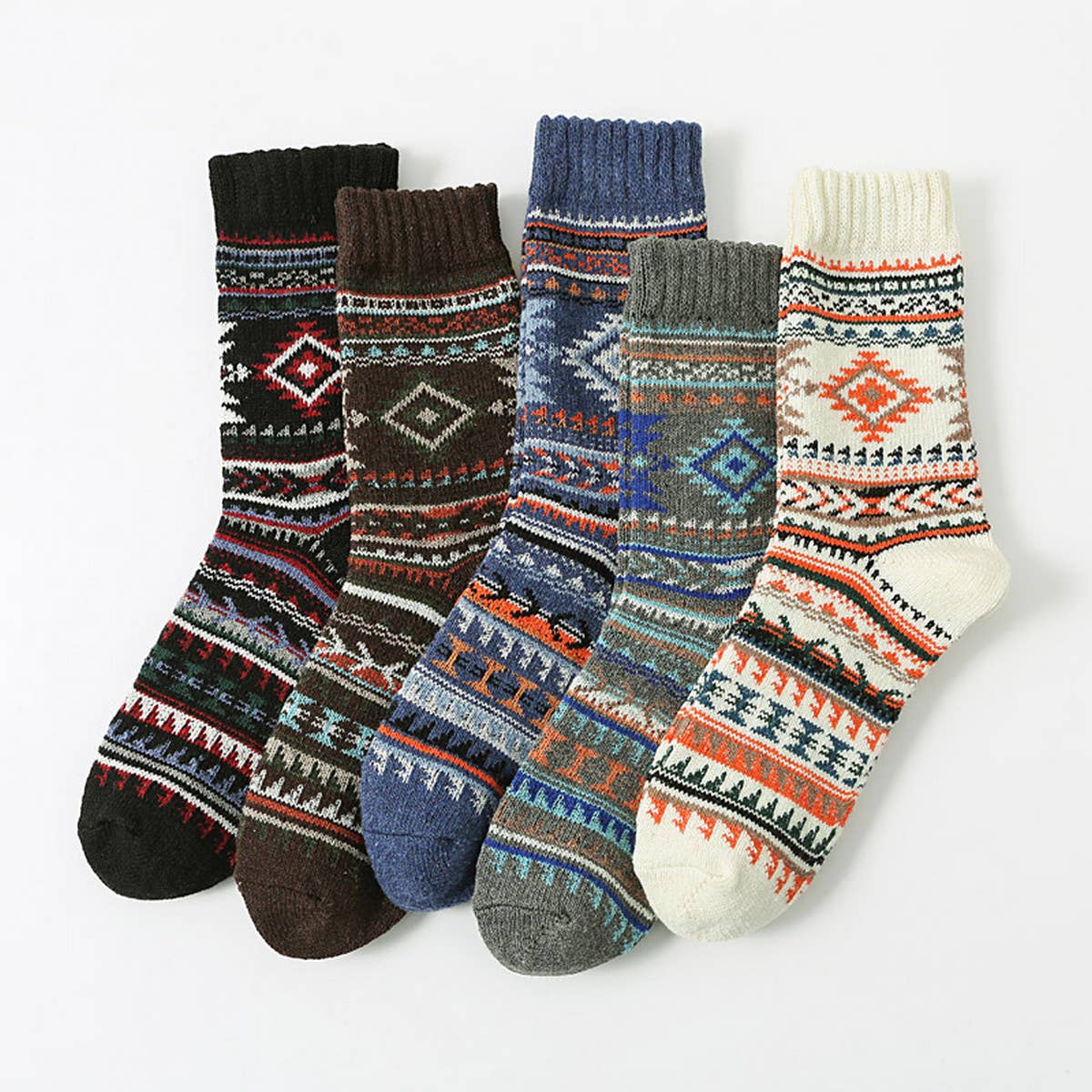 5 PAIRS OF ETHNIC STYLE SMALL DIAMOND WOOL SOCKS_CWMS0677: TYPE3 / (OS) 2