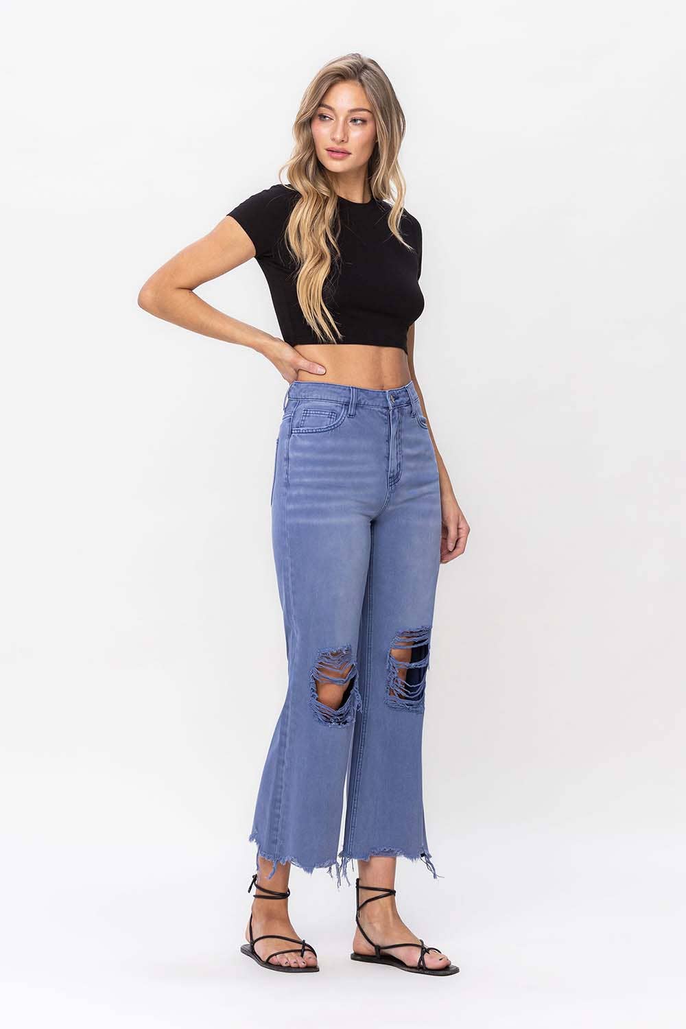 90'S VINTAGE SUPER HIGH RISE CROP FLARE JEANS: INDIGO