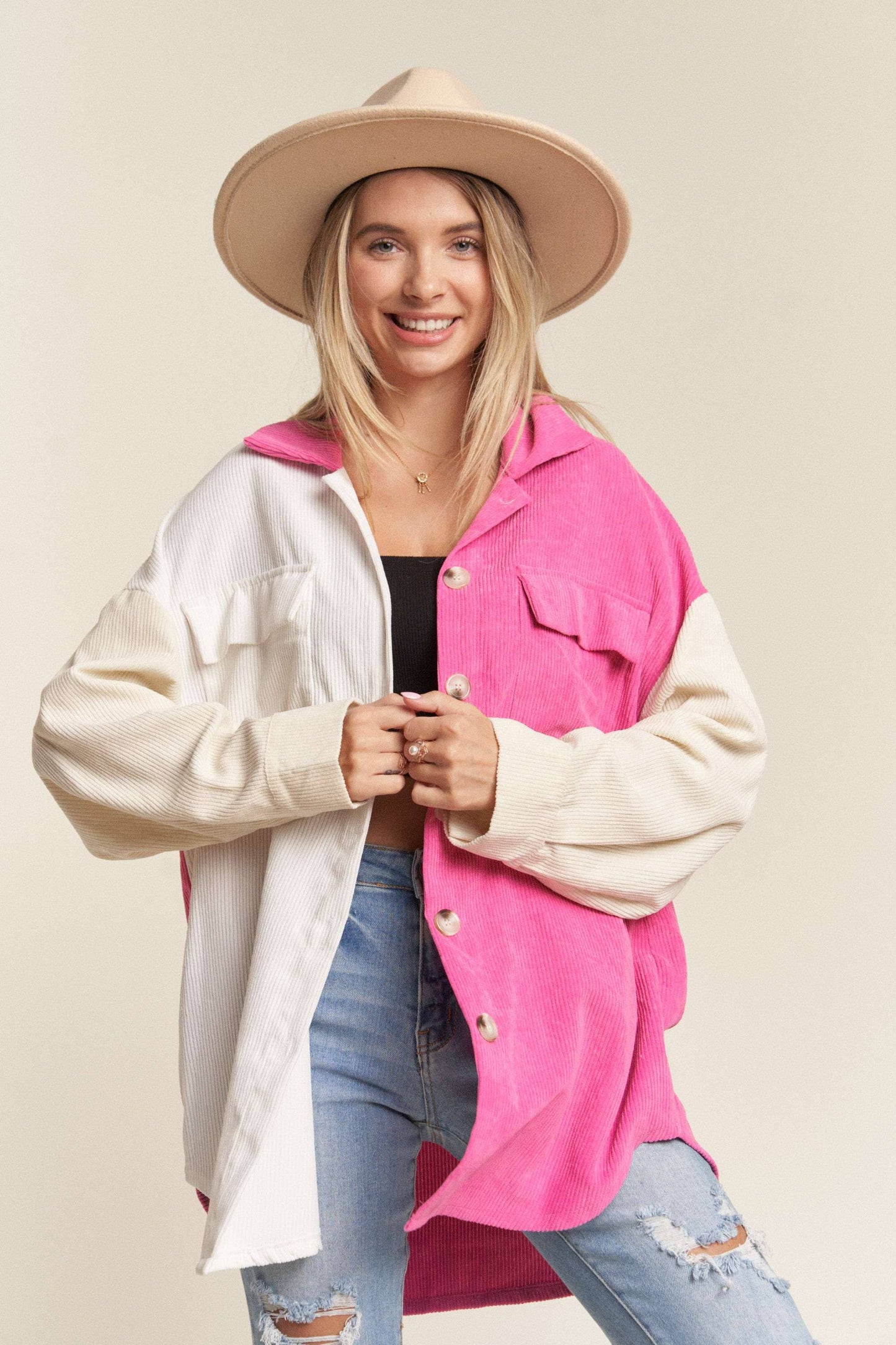 LEJ2636- CORDUROY COLOR BLOCKED SHACKET: WHITE/HOT PINK