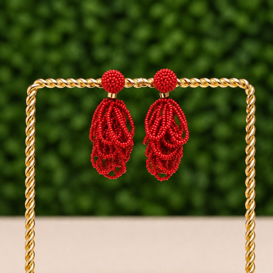 Red Palm Beach Loop Earrings| Custom Beaded Statement Earrings