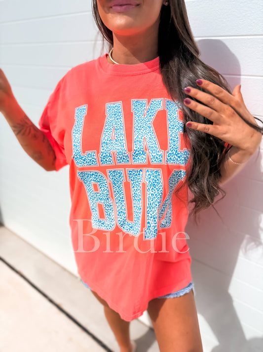 Leopard Lake Bum Graphic Tee on Neon Red Orange