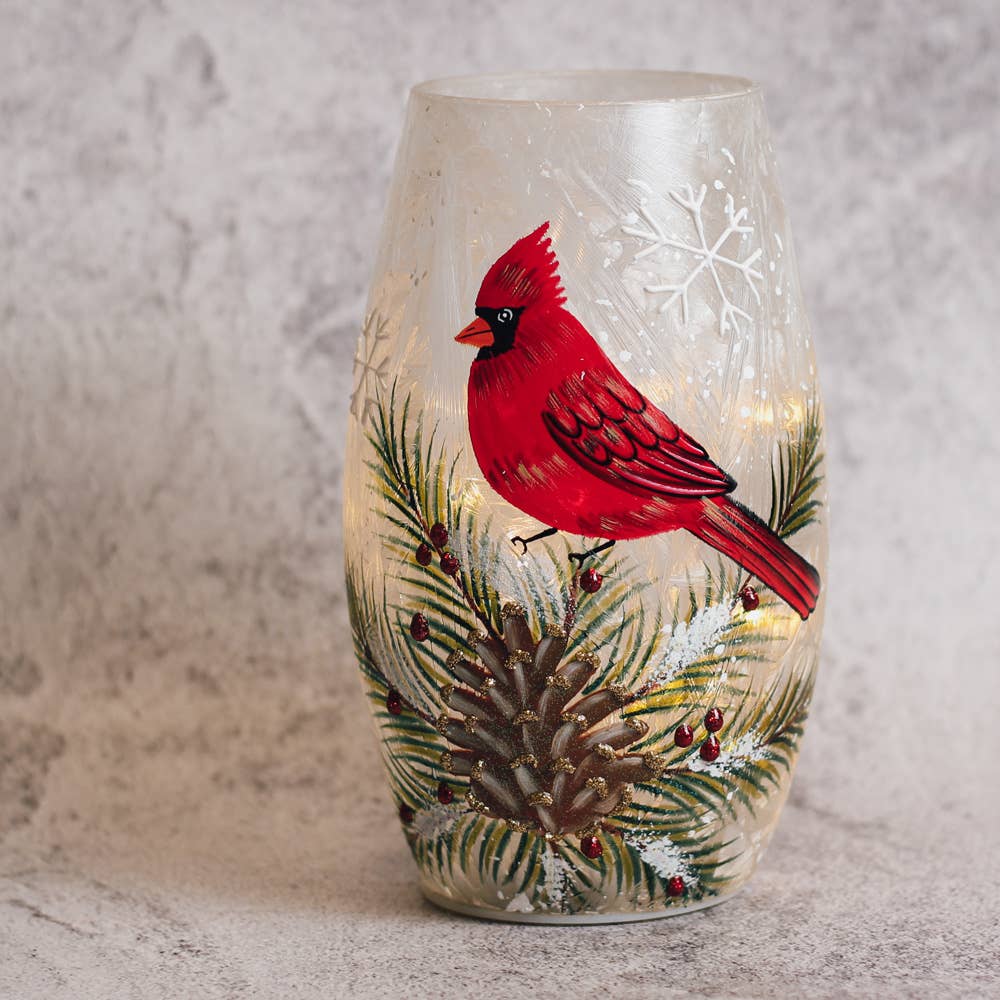 Cardinal Present Short Vase with LED String Lights — Christmas, Holiday Decorations