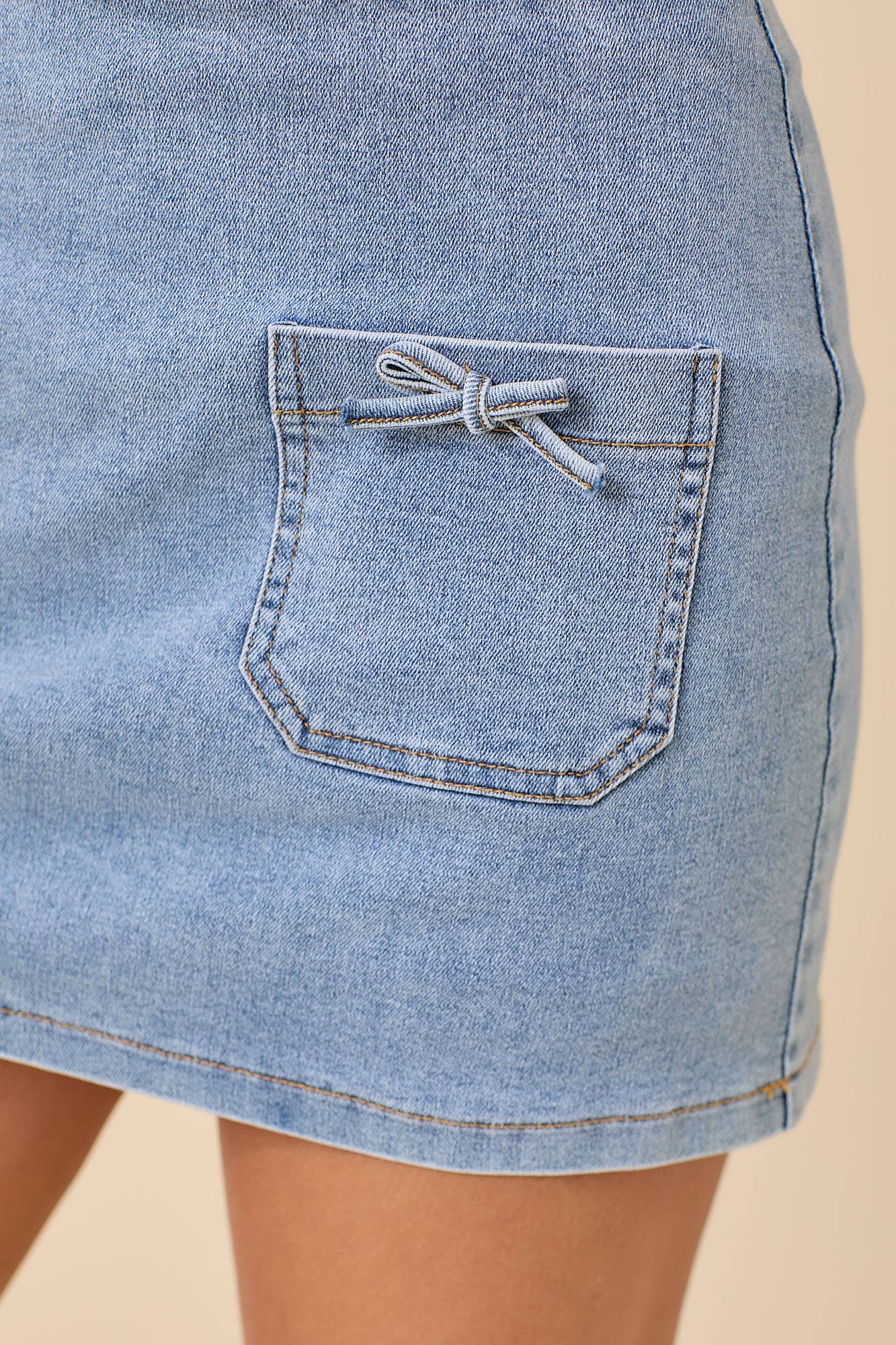 Mini Denim Skort With Front Pocket And Ribbon Bow: LIGHT DENIM