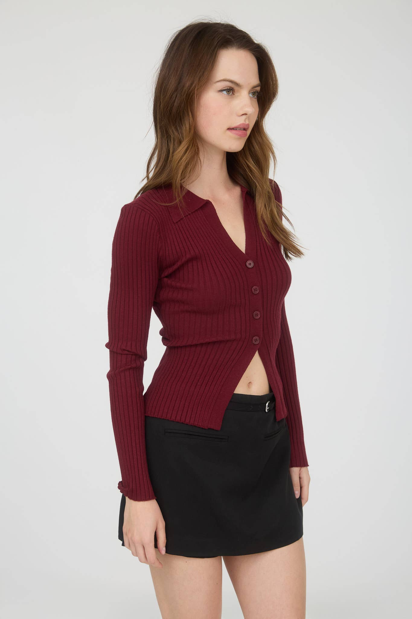 COLLARED BUTTON FRONT LONG SLEEVE SWEATER KNIT TOP: NAVY