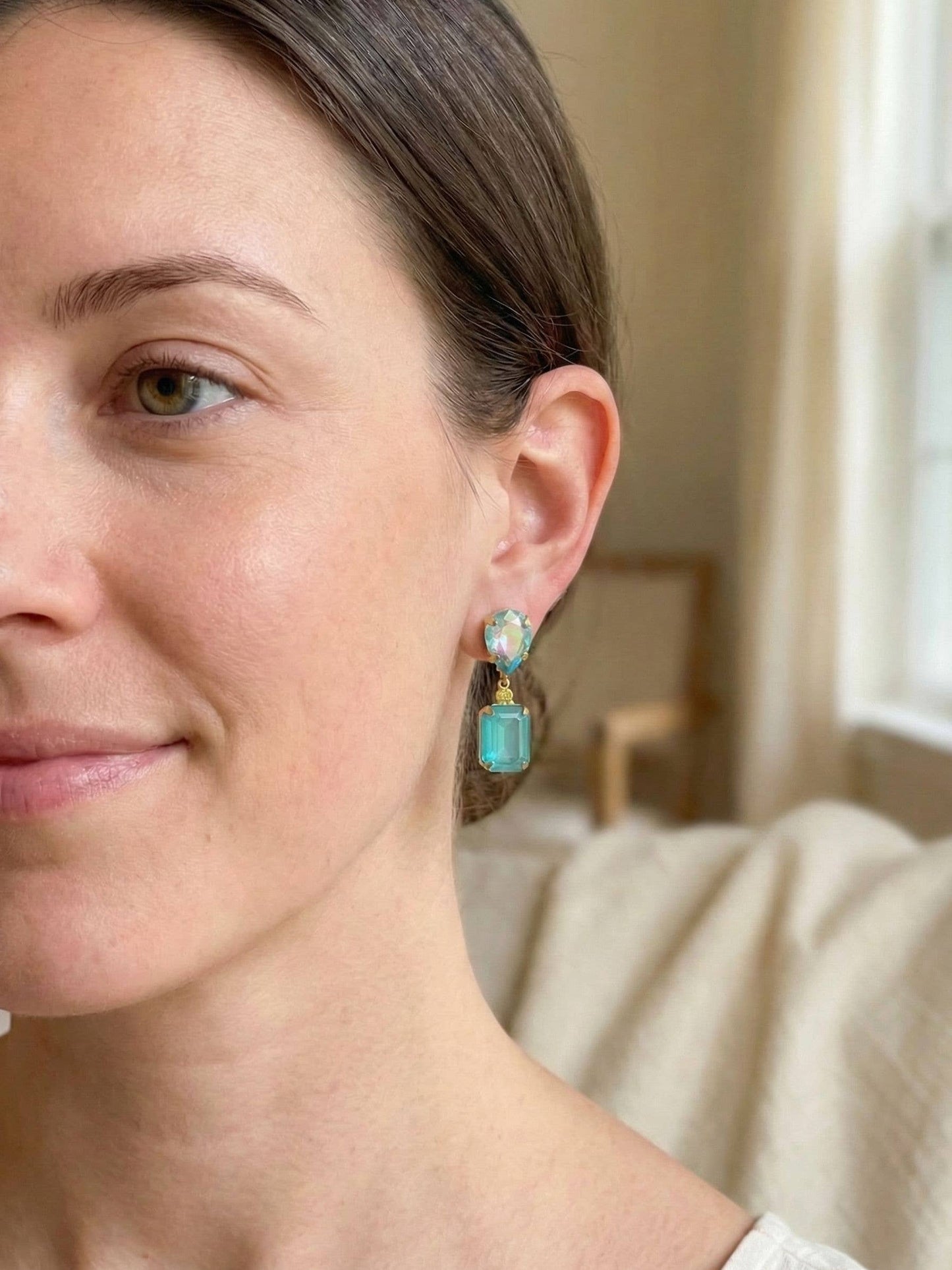 Emerald Pear Dangle Earrings - Pastel