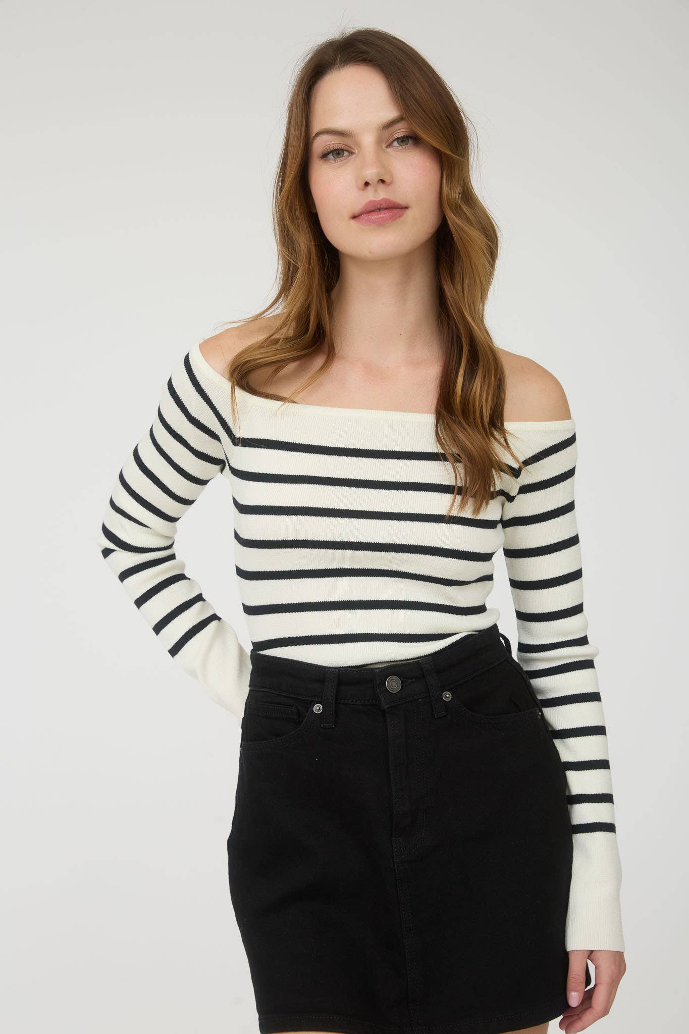 STRIPE OFF THE SHOULDER LONG SLEEVE KNIT SWEATER: IVORY