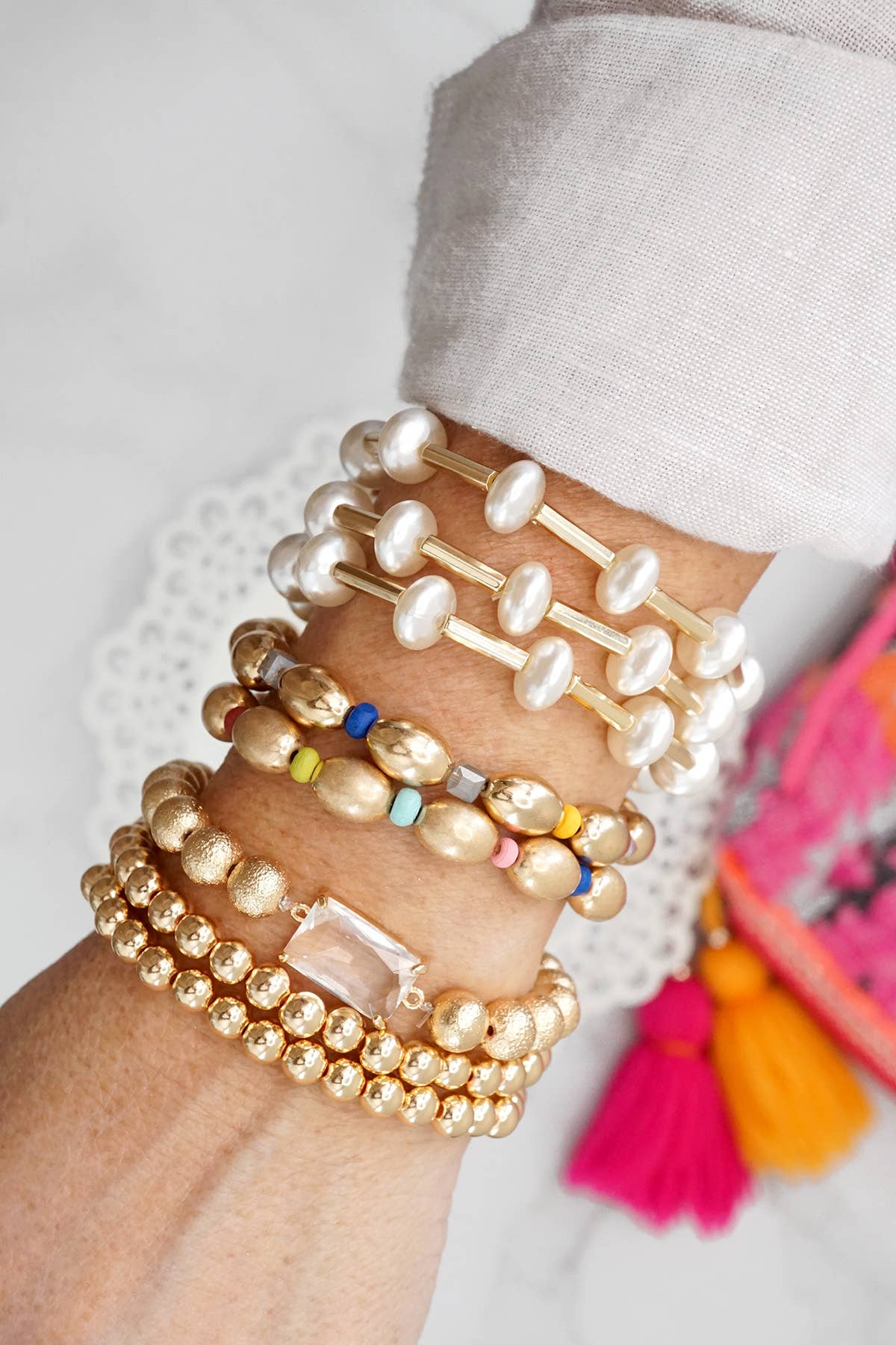 Floating pearls bracelets set with Golden tube beads