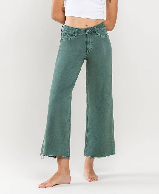 HIGH RISE CROP WIDE LEG JEANS MALLARD GREEN