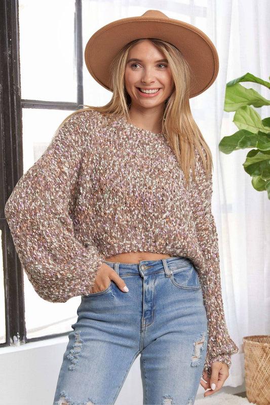 LESW3457-MULTI POPCORN TEXTURED SWEATER TOP: BROWN /