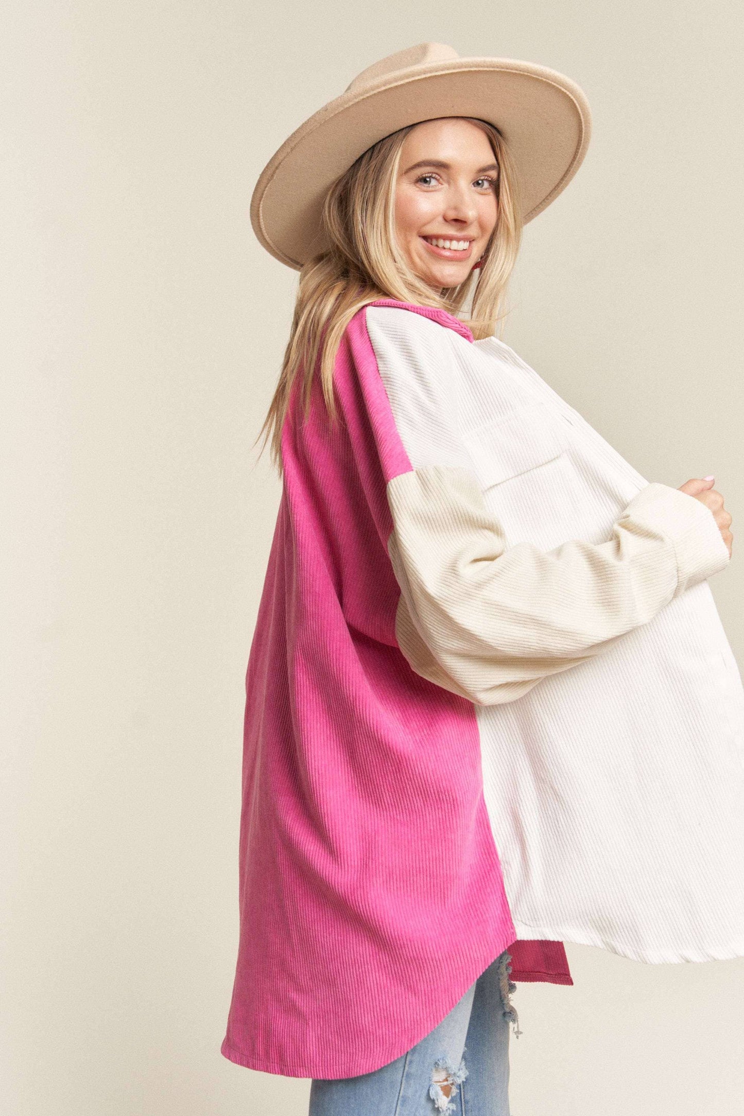 LEJ2636- CORDUROY COLOR BLOCKED SHACKET: WHITE/HOT PINK