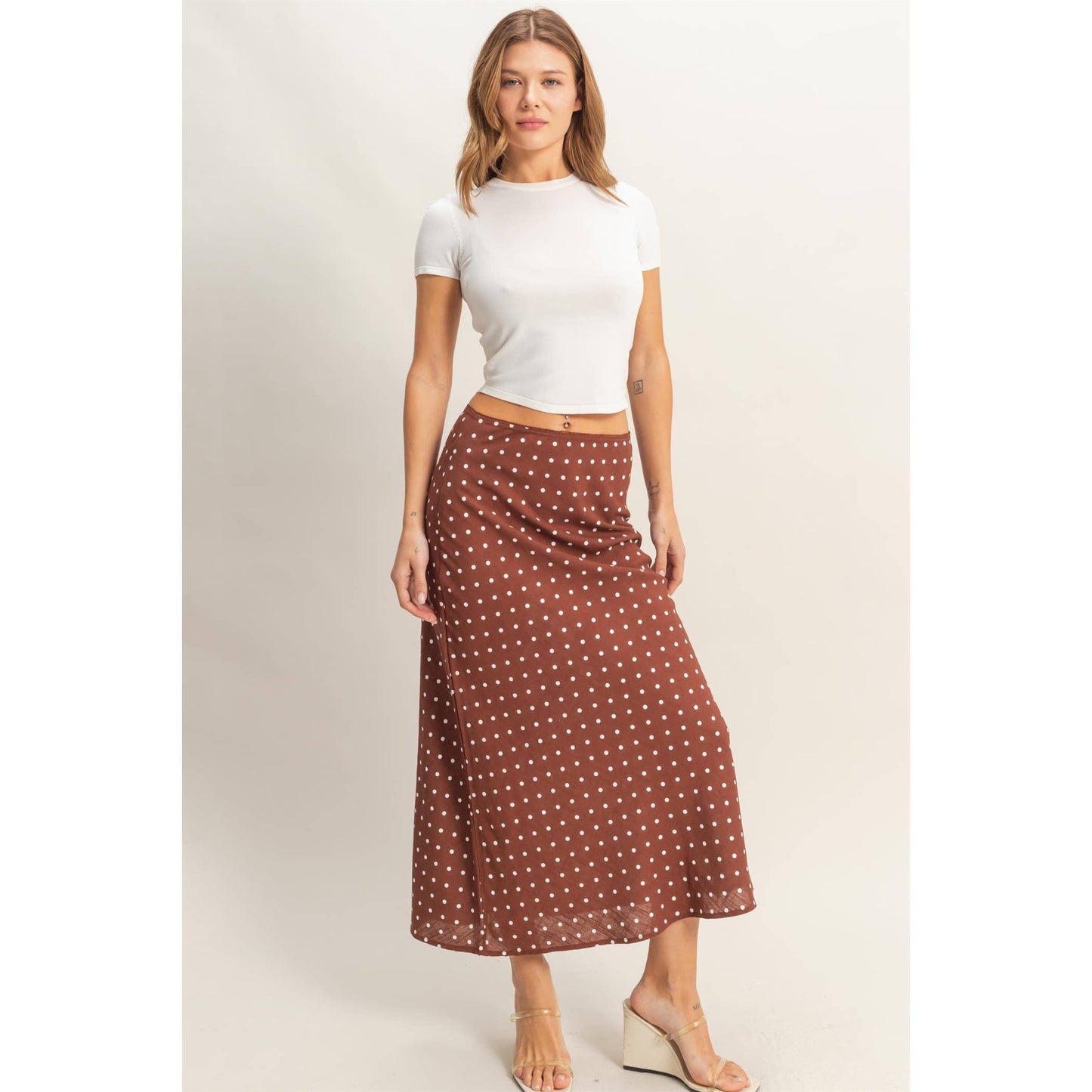 Polka Dot A-Line Skirt: CHESTNUT