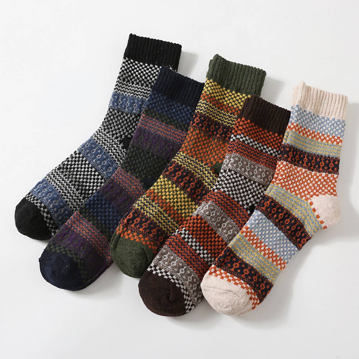5 PAIRS OF ETHNIC STYLE SMALL DIAMOND WOOL SOCKS_CWMS0677: TYPE3 / (OS) 2