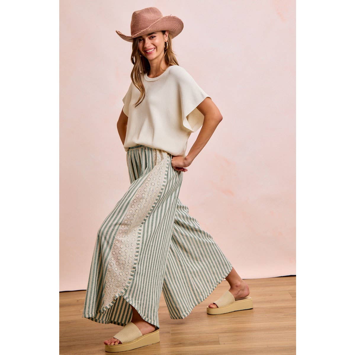 FLORAL EYELET SIDE ELASTIC STRIPES WIDE LEG PANTS: LIGHT PINK