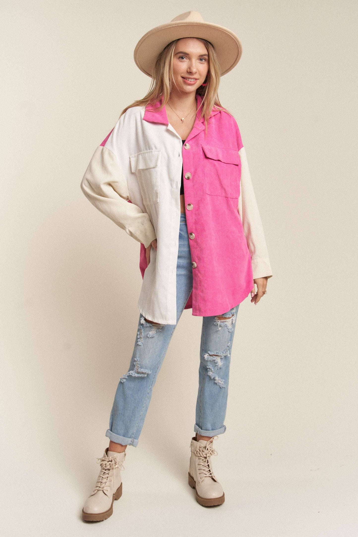 LEJ2636- CORDUROY COLOR BLOCKED SHACKET: WHITE/HOT PINK