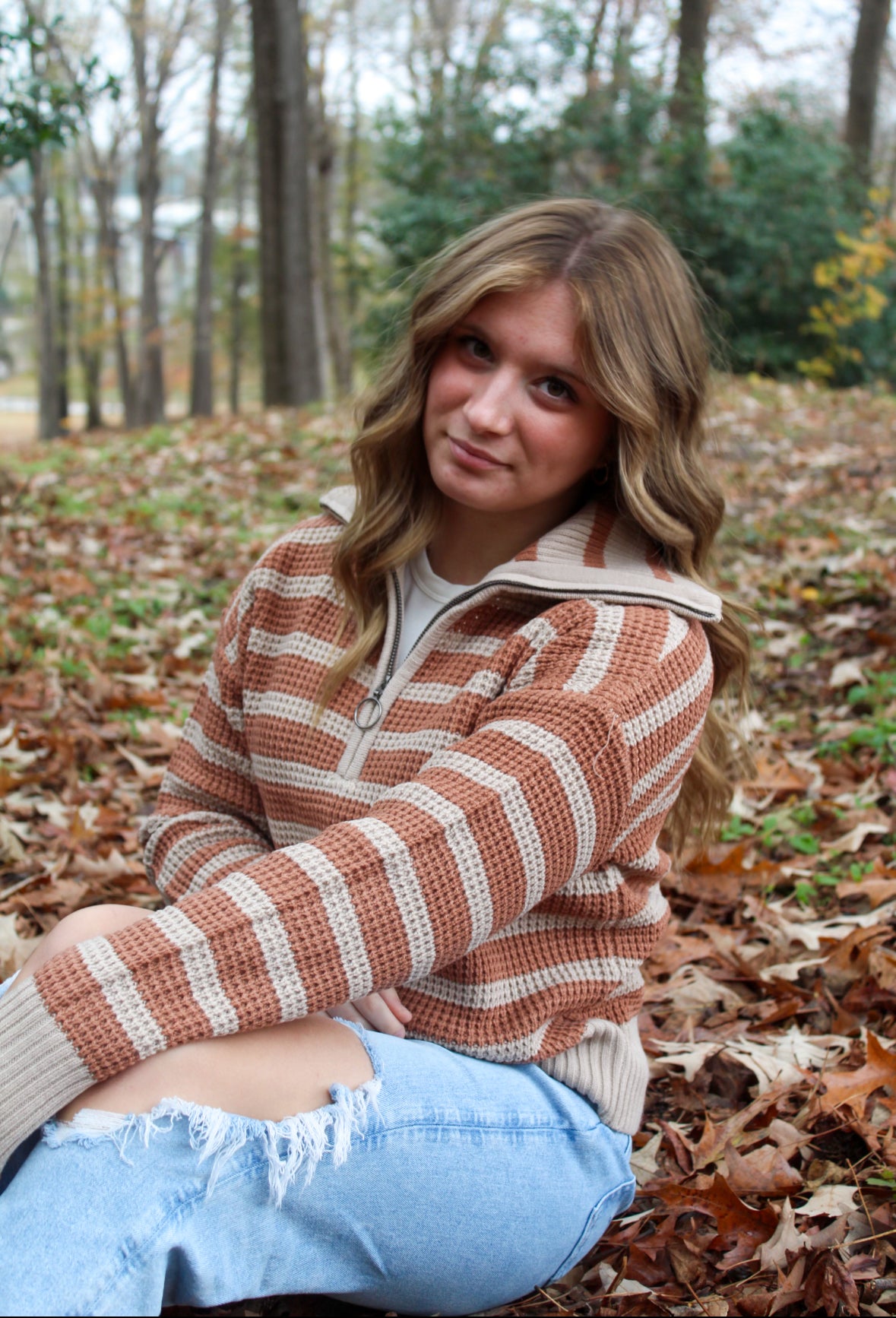 Collard Half Zip Up Stripe Sweater Knit Top