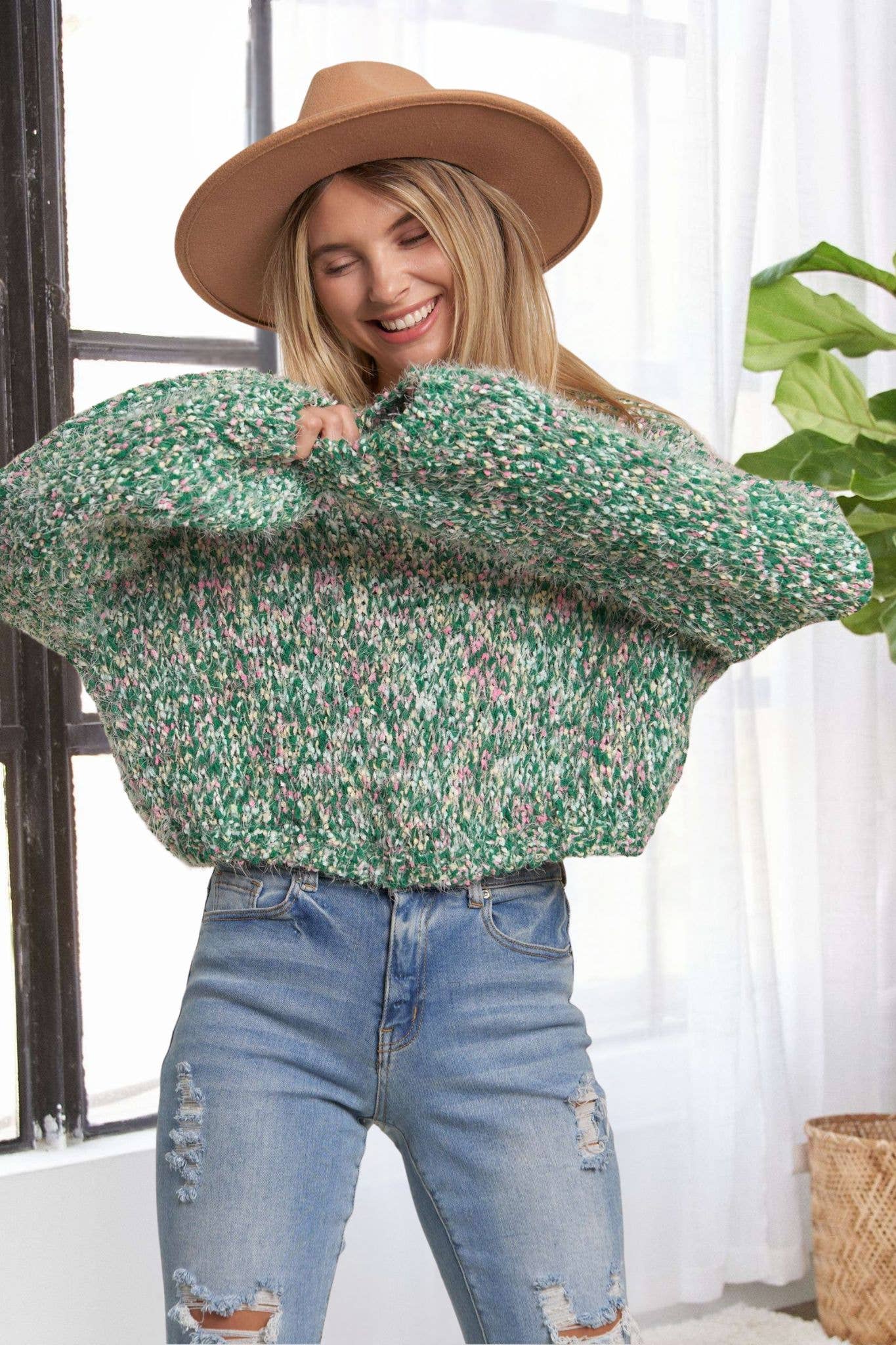 MULTI POPCORN TEXTURED SWEATER TOP: GREEN / S/M-M/L(3-3)