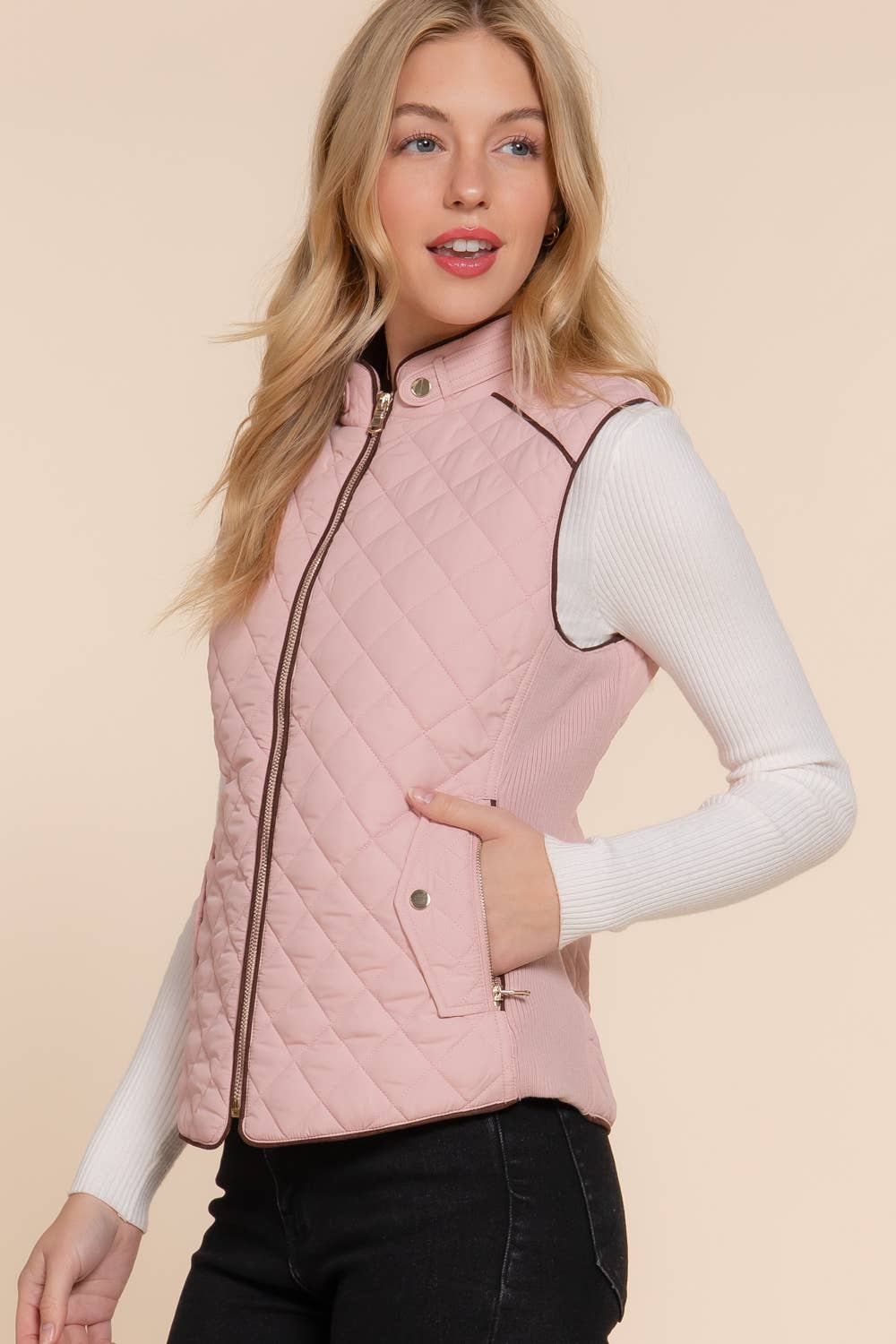 Suede Piping Detail Rib Quilted Padding Vest: PNK-beige pink