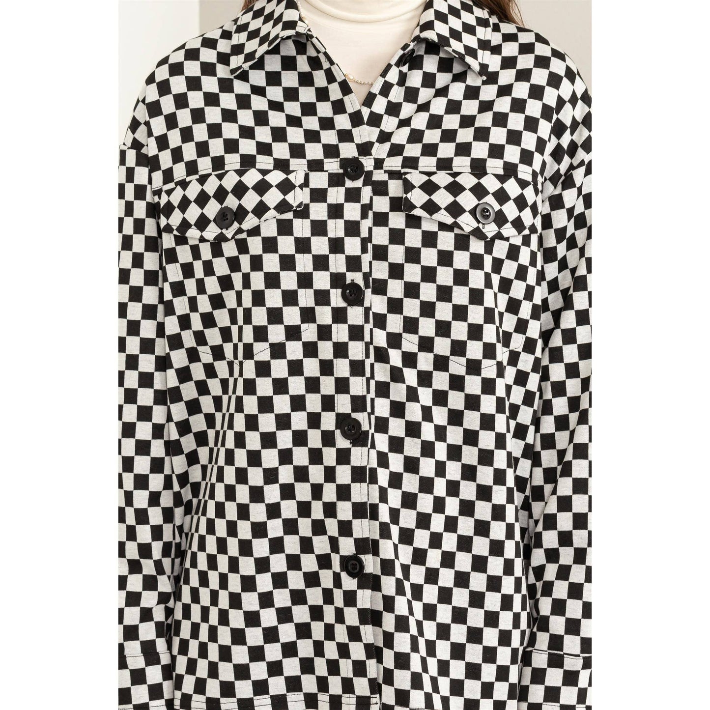 HYFVE Checkerboard Pattern Shacket: BLACK / WHITE
