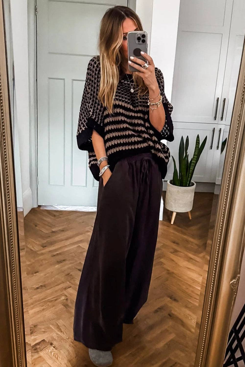 Red Striped Slouchy Knit Sweater with 3/4 Draped Sleeves: Black Stripe / 100%Acrylic