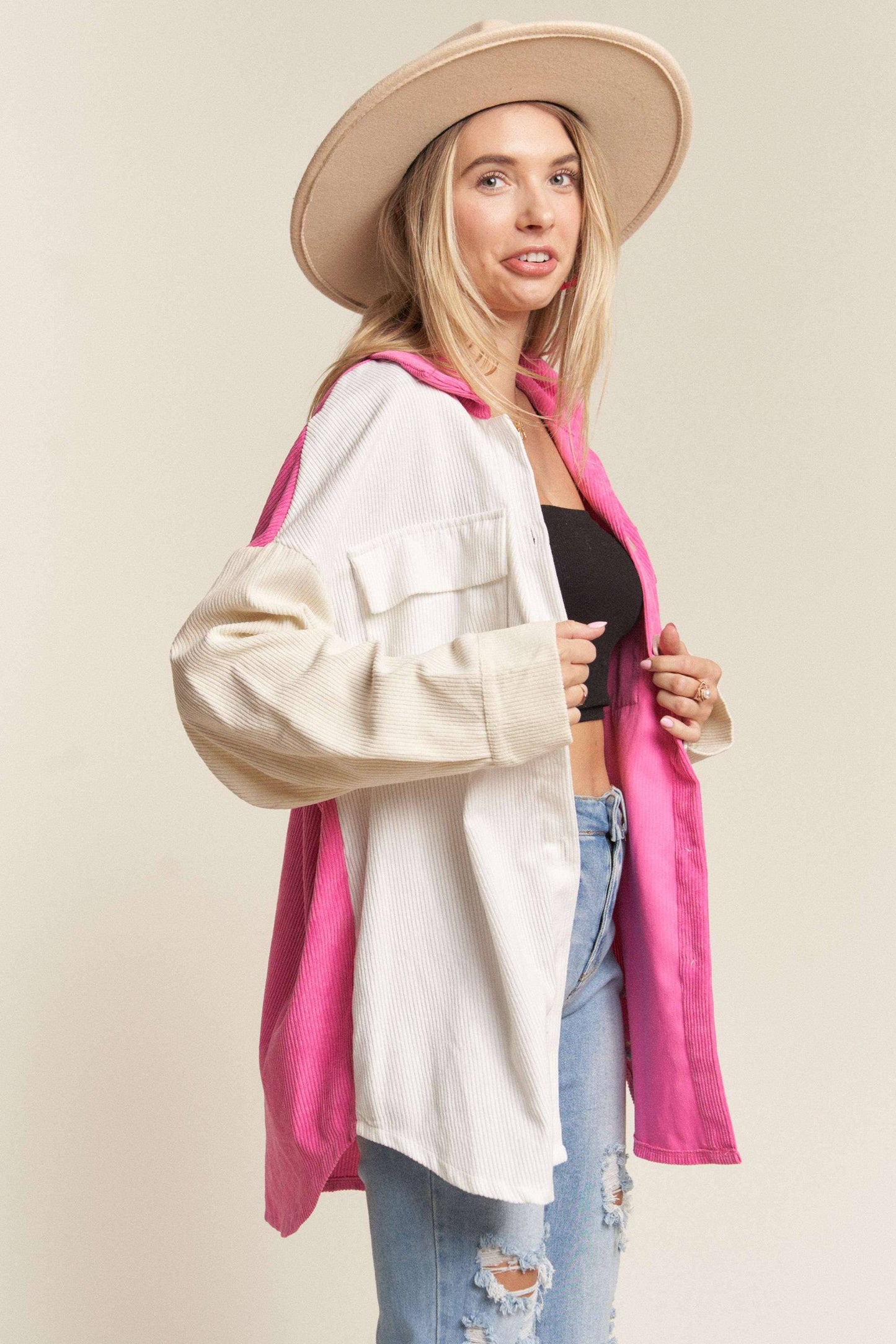 LEJ2636- CORDUROY COLOR BLOCKED SHACKET: WHITE/HOT PINK