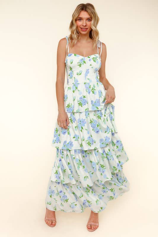 Strap Shoulder Buistier Tiered Maxi Floral Dress