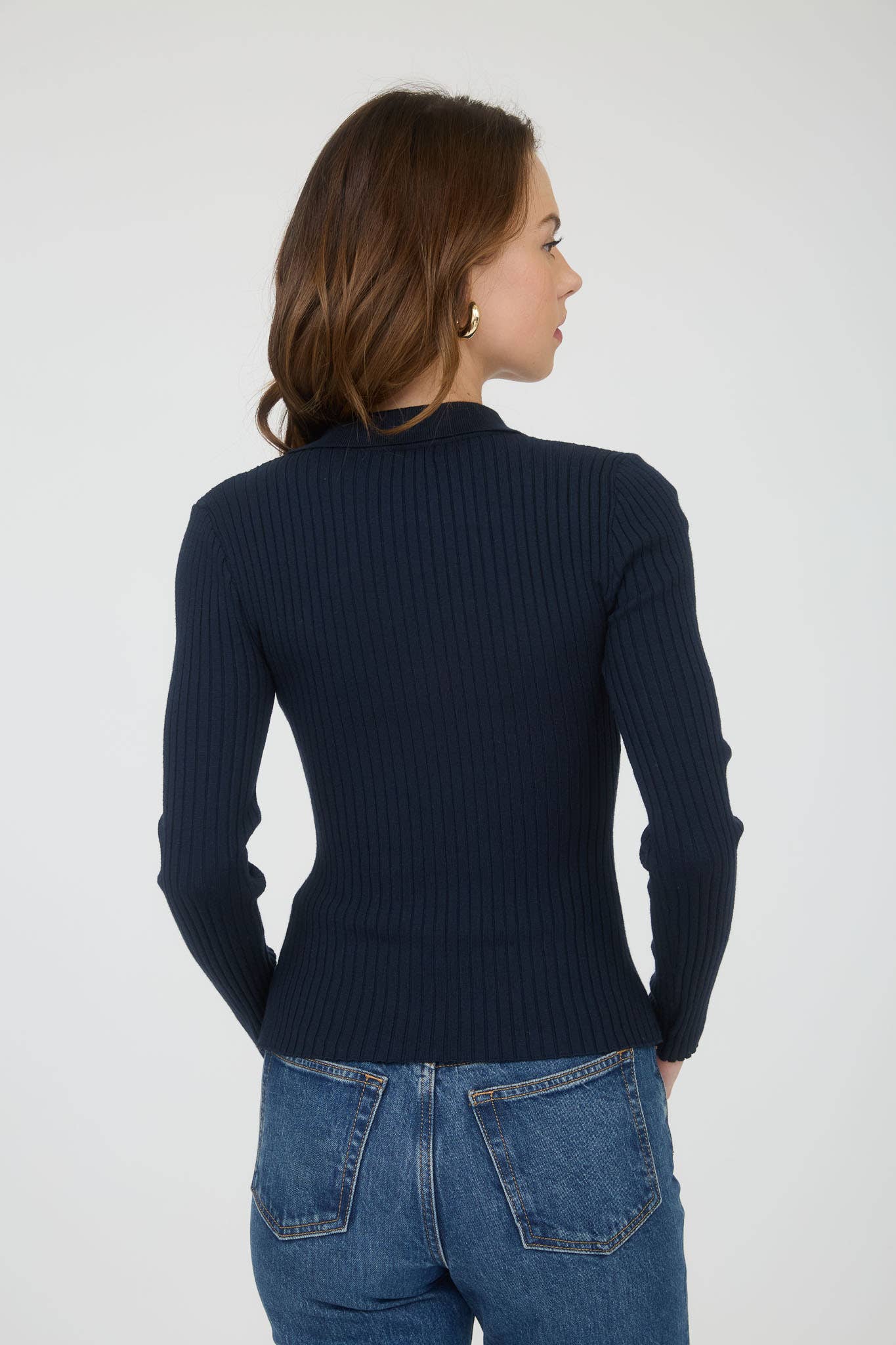 COLLARED BUTTON FRONT LONG SLEEVE SWEATER KNIT TOP: NAVY