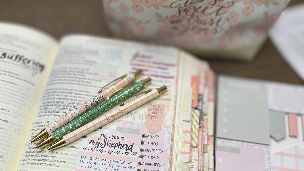 Be Still Christian Pen Set | Peach Floral Fine Tip Bible Study Pens
