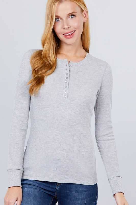 Long Sleeve Henley Thermal Knit Top: WHITE