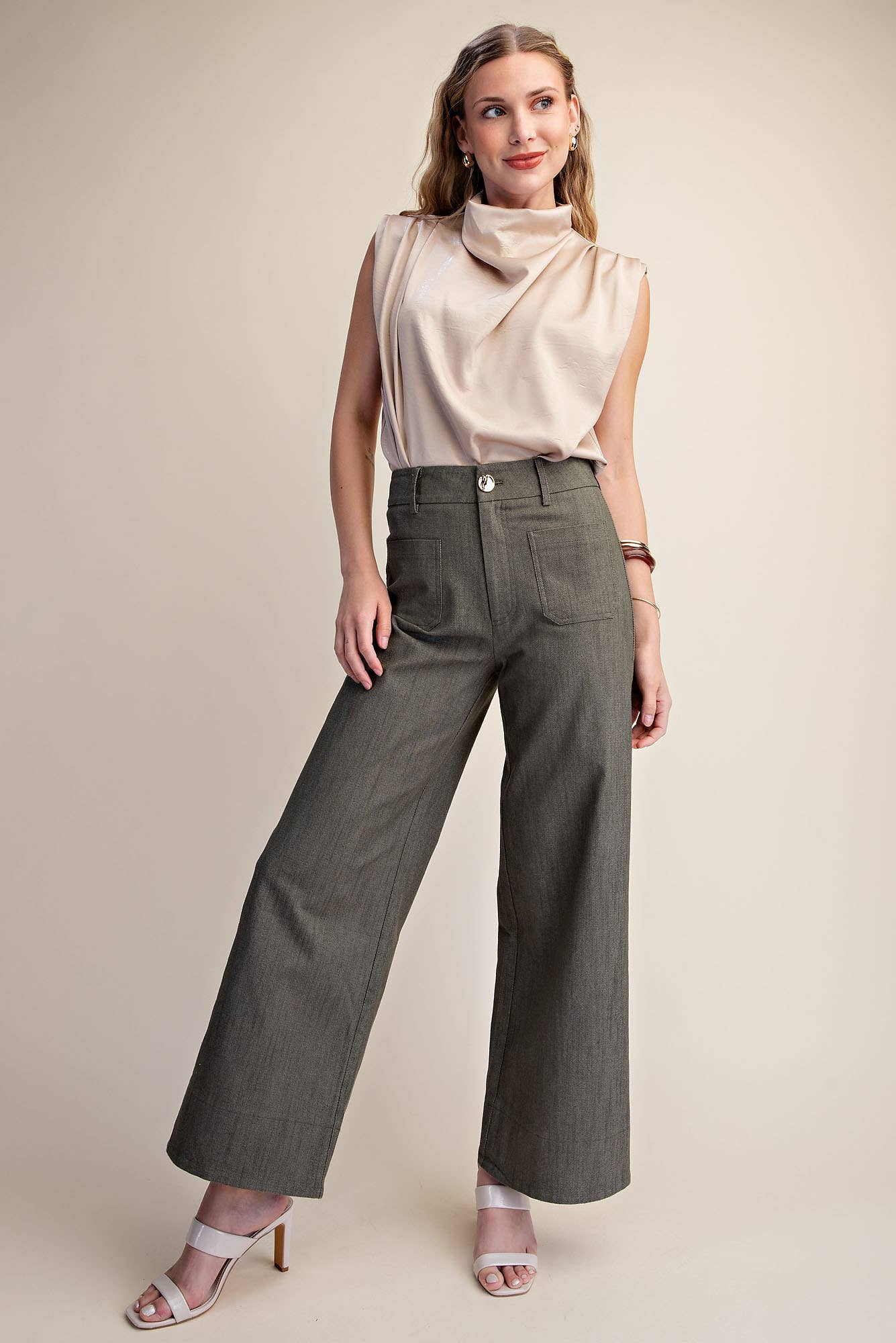 Stretchy Jeans High Rise Front Pocket Wide Leg: Navy