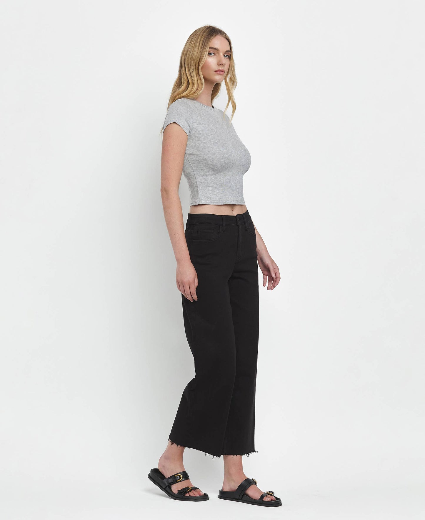 HIGH RISE CROP WIDE LEG JEANS T5894BK: Black