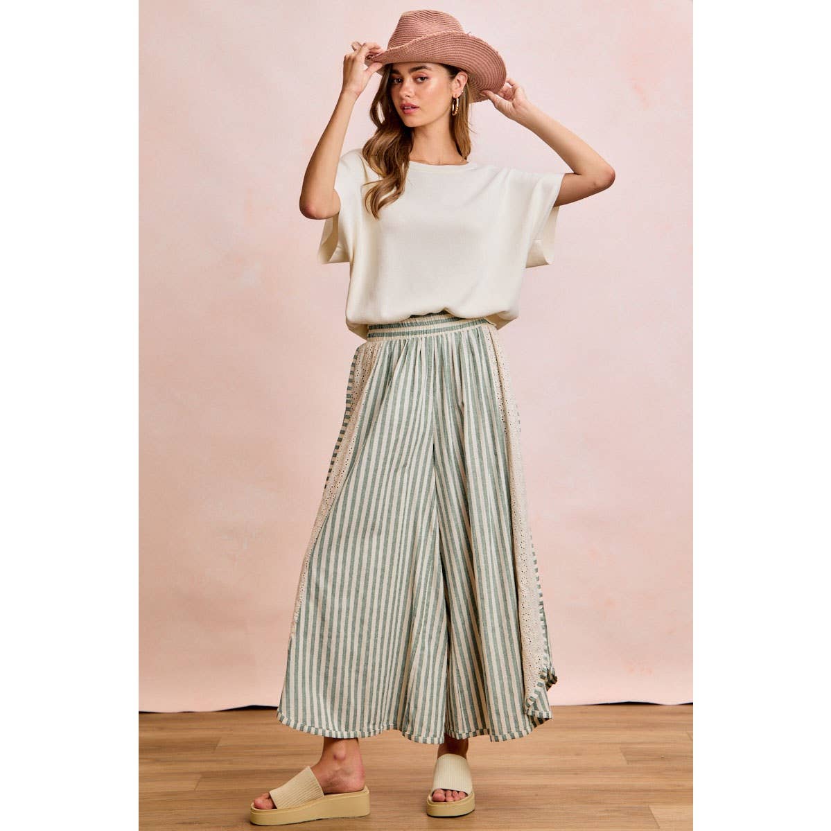 FLORAL EYELET SIDE ELASTIC STRIPES WIDE LEG PANTS: LIGHT PINK