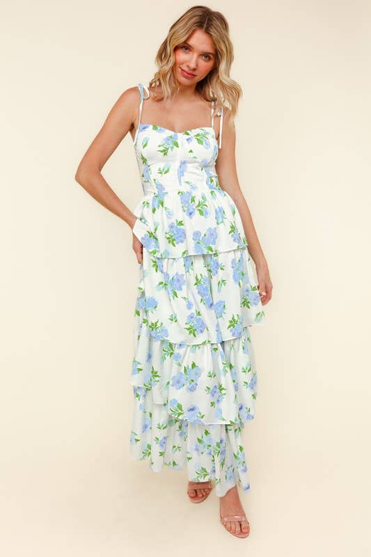 Strap Shoulder Buistier Tiered Maxi Floral Dress