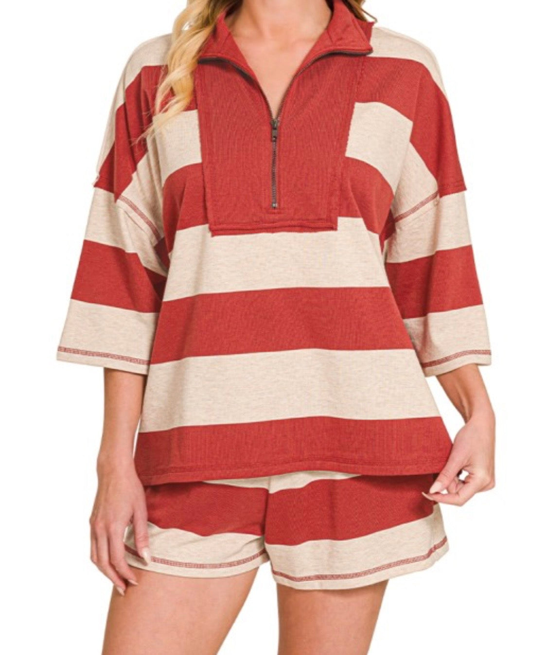 French Terry Striped Half Zip Set