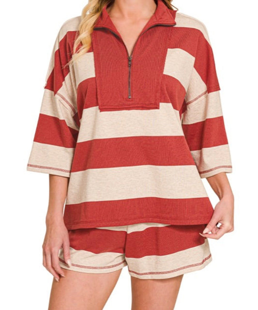 French Terry Striped Half Zip Set