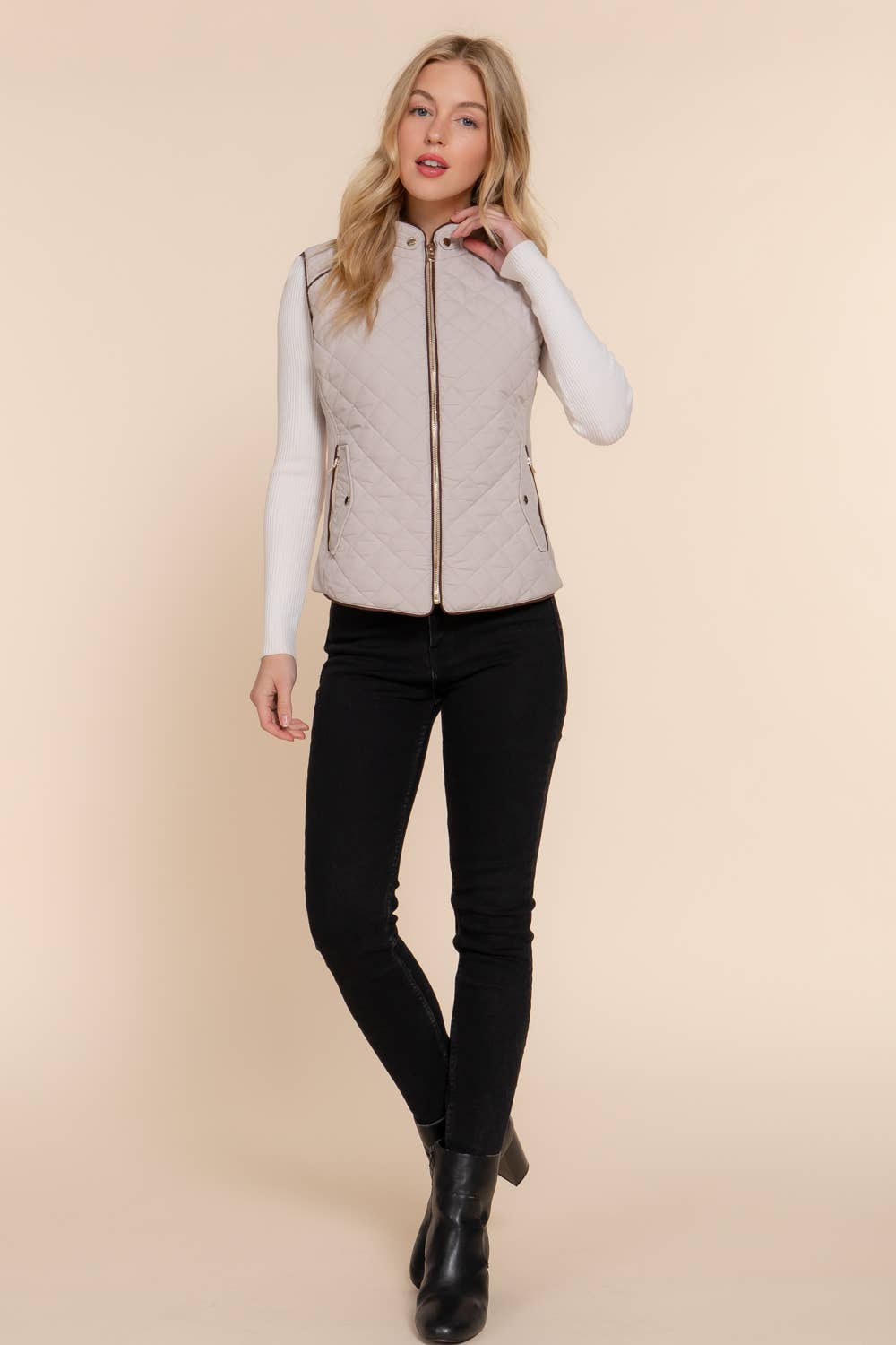 Suede Piping Detail Rib Quilted Padding Vest: PNK-beige pink