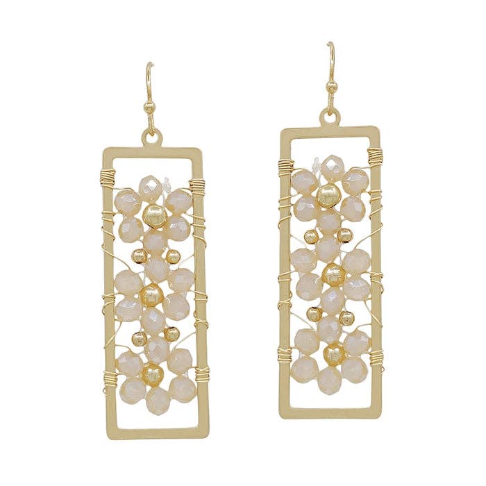 Blush Pink Crystal Flower in Open Gold Rectangle 1.25" Earring