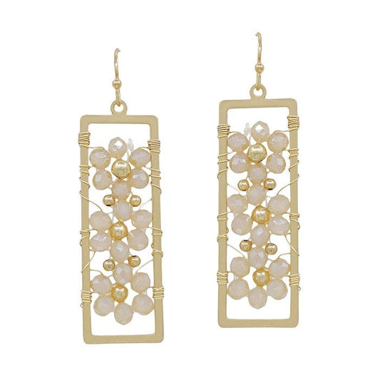 Blush Pink Crystal Flower in Open Gold Rectangle 1.25" Earring