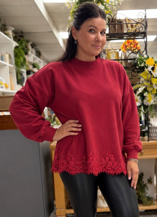 ❤️ Crimson Romance Lace-Hem Pullover ❤️