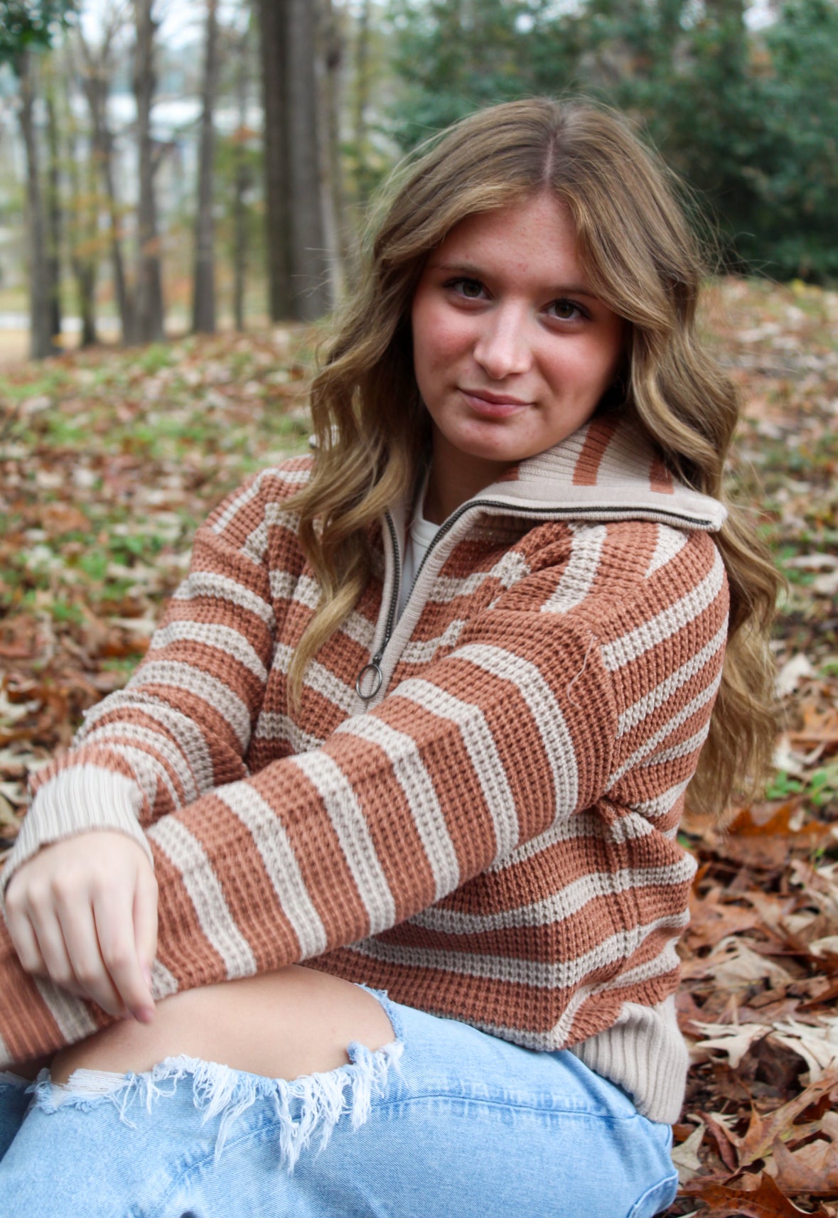 Collard Half Zip Up Stripe Sweater Knit Top