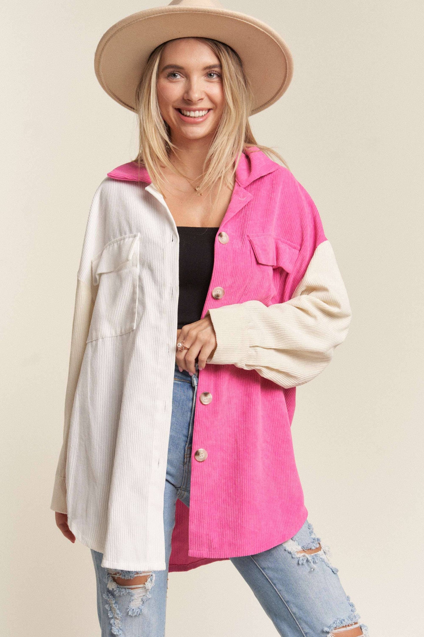 LEJ2636- CORDUROY COLOR BLOCKED SHACKET: WHITE/HOT PINK