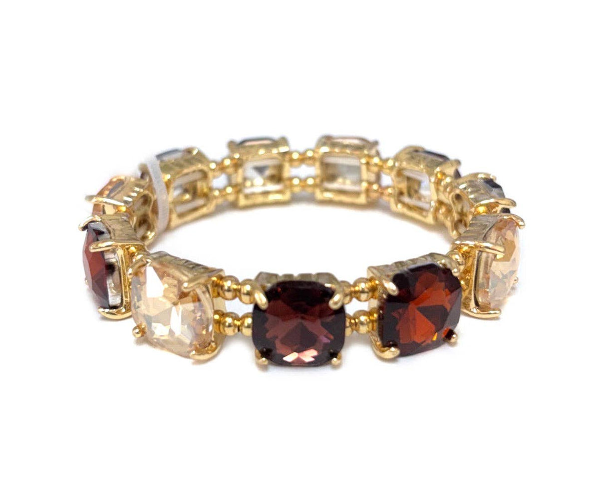 Brown Multi Crystal Square and Gold Stretch Bracelet