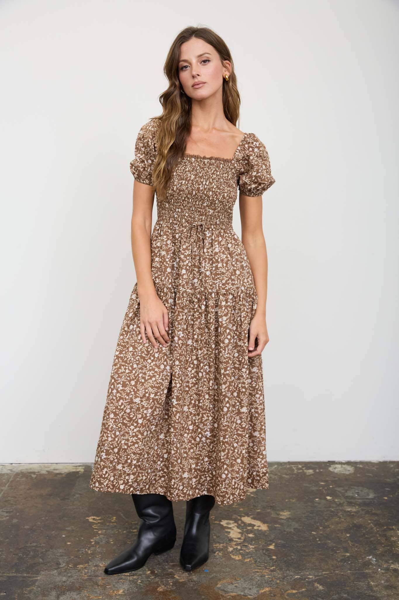 PRE-ORDER 8/09-FLORAL SMOCKED SQUARE NECK PUFF SLEEVE MIDI DRESS: BROWN