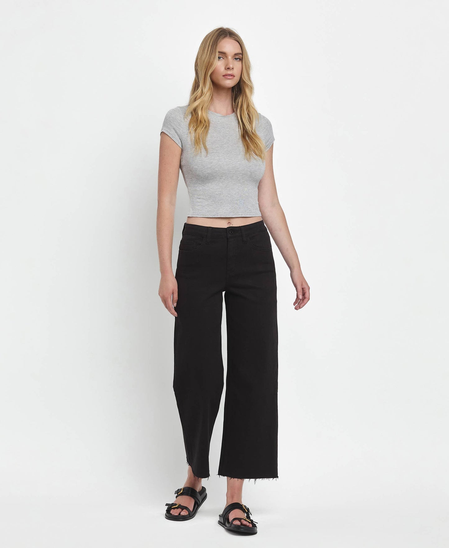 HIGH RISE CROP WIDE LEG JEANS T5894BK: Black