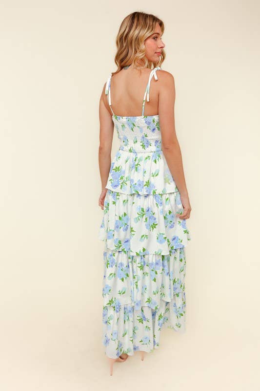 Strap Shoulder Buistier Tiered Maxi Floral Dress