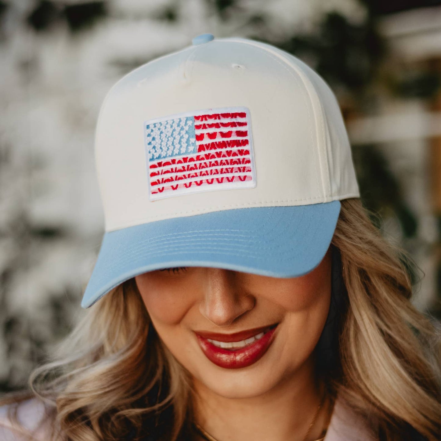 American Flag Two-Toned Fitted Hat: Light Blue and Tan