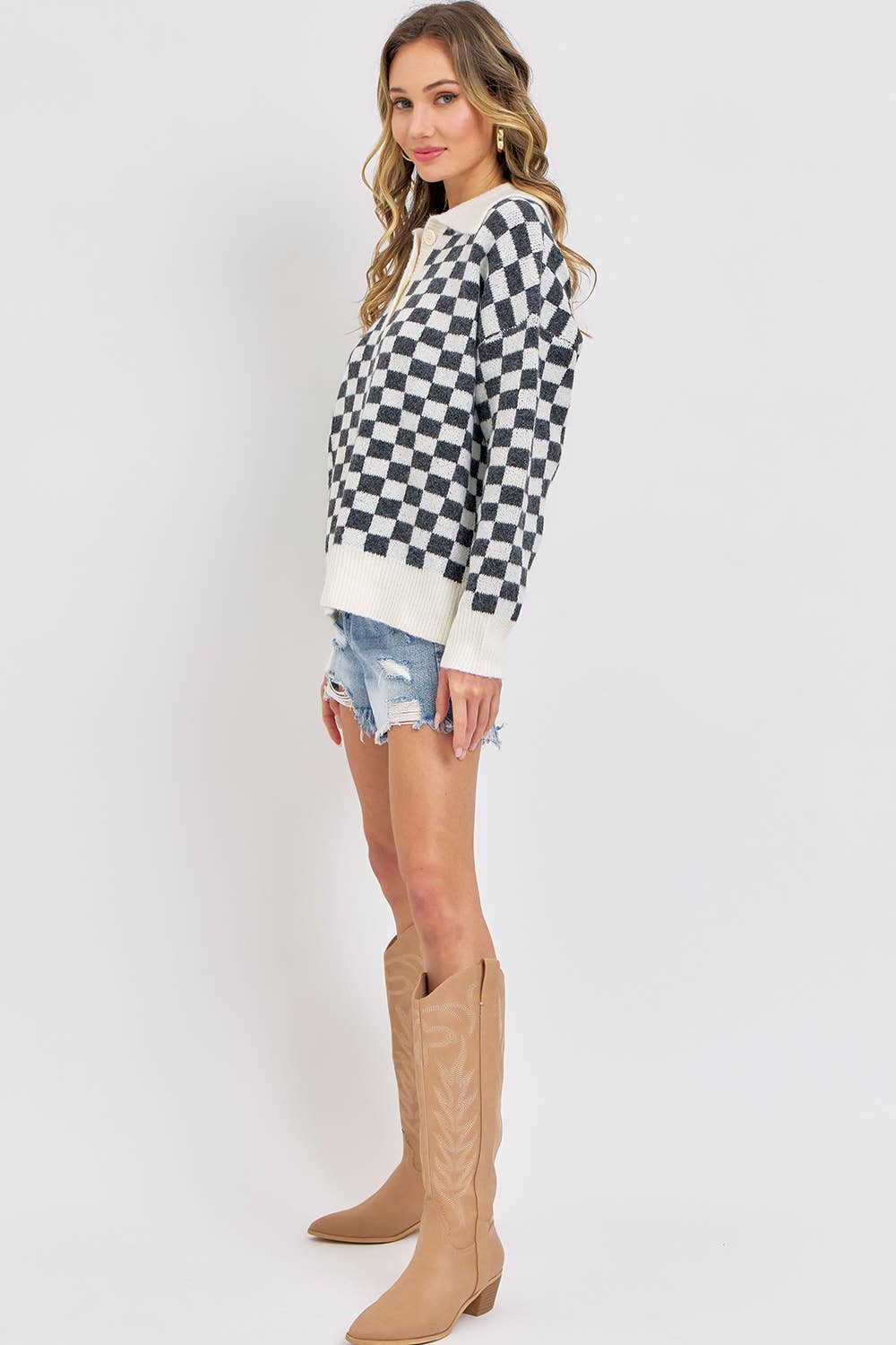 PLAID HALF BUTTONED COLLARED SWEATER: Pink / Contemporary / S