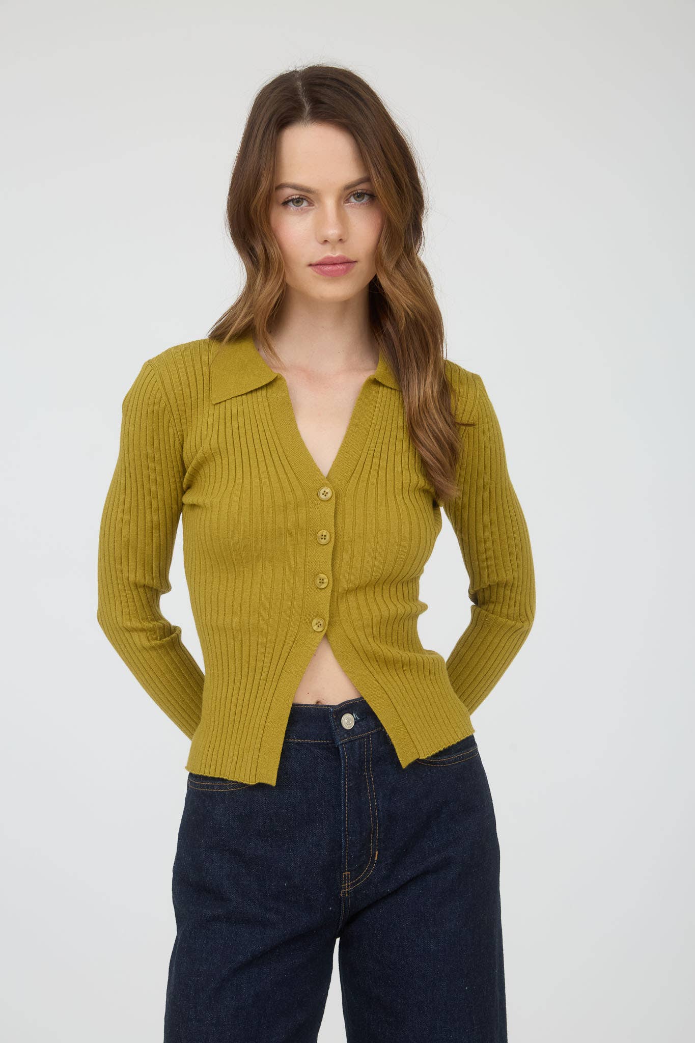 COLLARED BUTTON FRONT LONG SLEEVE SWEATER KNIT TOP: NAVY